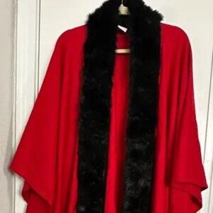Harve Benard Red Wool Blend Christmas Holiday Cape Black Faux Fur Trim OS